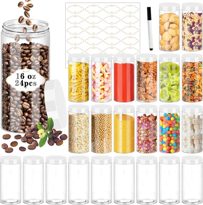 PeacePeo 24 Pcs Plastic Jars, 16 OZ Plastic Jars with White Lids Clear Airtight Slime Containers Refillable Round Empty Storage Containers Jar for Kitchen & Household Dry Food Storage - Image 1